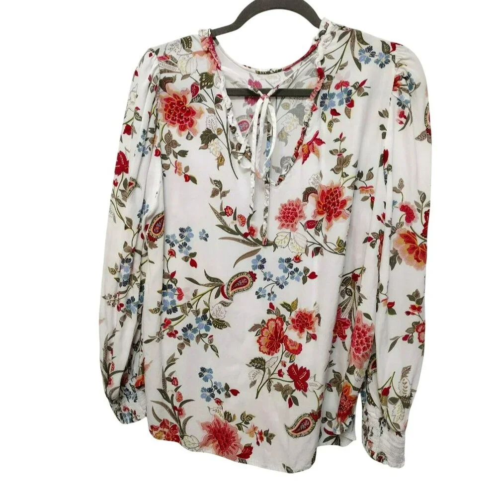 Ann Taylor White Floral Tie-Neck Blouse - Picture 1 of 5